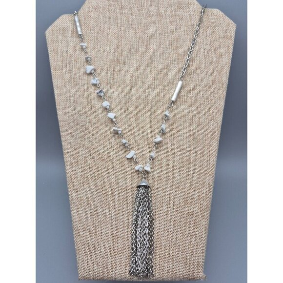 Simply Vera Wang Sliver Tone Glass Bead Natural Stone Tassel Pendant Necklace - Picture 2 of 8